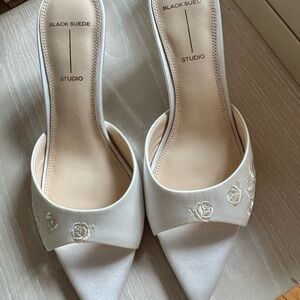 Black Suede Studio White Embroidered Heels